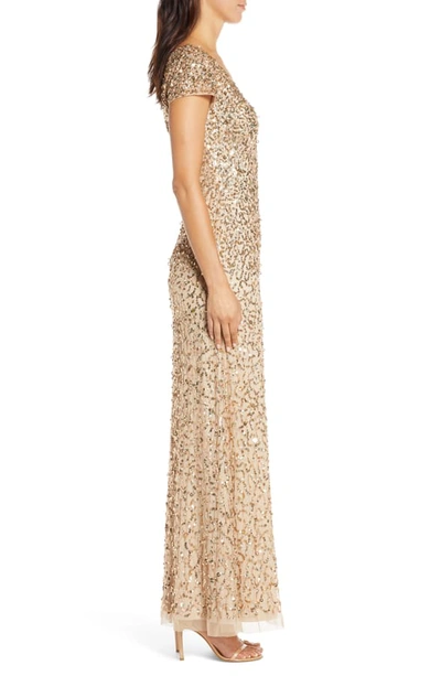 Shop Adrianna Papell Beaded V-neck Evening Gown In Champagne/ Gold