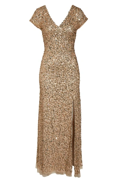 Shop Adrianna Papell Beaded V-neck Evening Gown In Champagne/ Gold