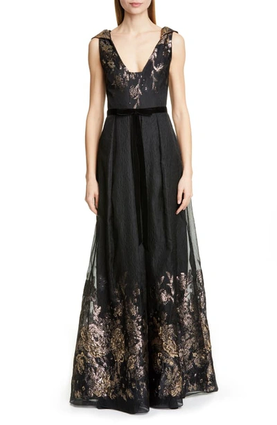 Shop Marchesa Notte Metallic Fil Coupe Ballgown In Black