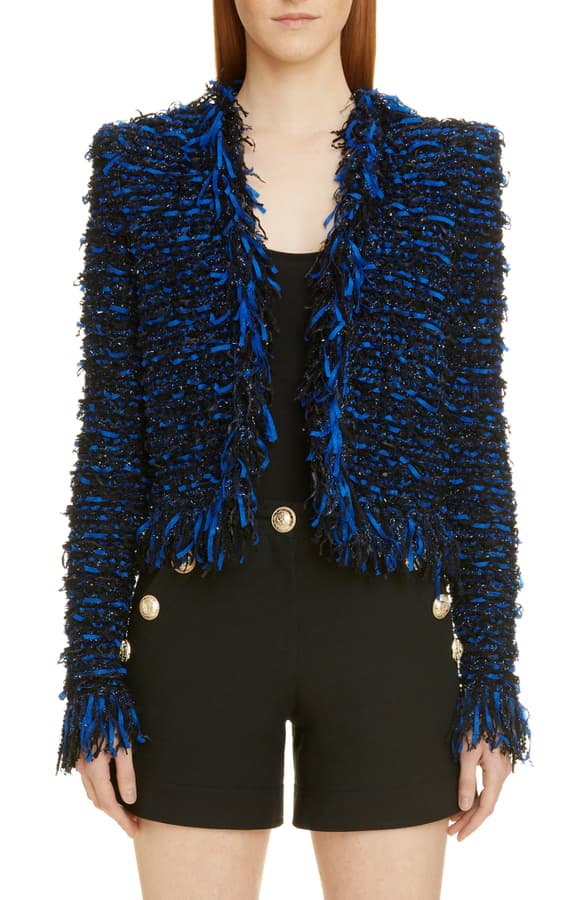 Balmain Glitter Fringe Tweed Jacket In Eag Noir/ Bleu | ModeSens