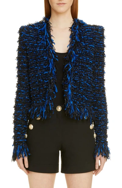 Shop Balmain Glitter Fringe Tweed Jacket In Eag Noir/ Bleu