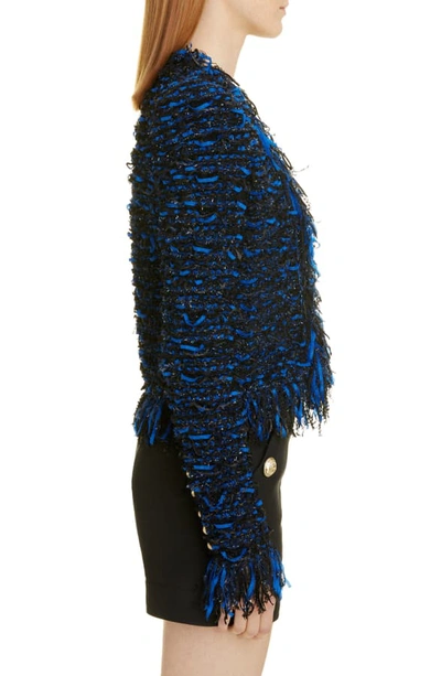 Shop Balmain Glitter Fringe Tweed Jacket In Eag Noir/ Bleu