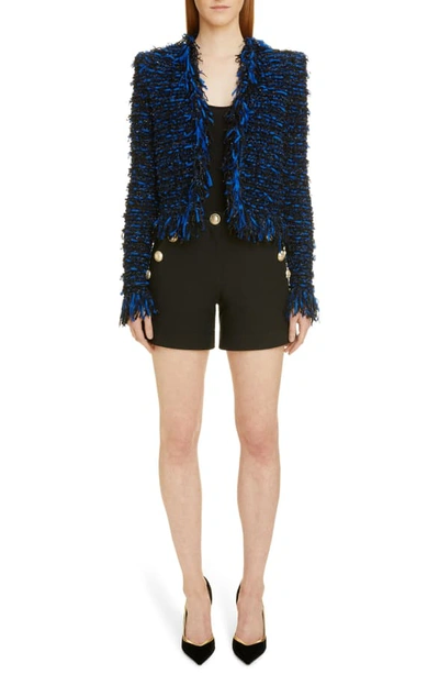 Shop Balmain Glitter Fringe Tweed Jacket In Eag Noir/ Bleu