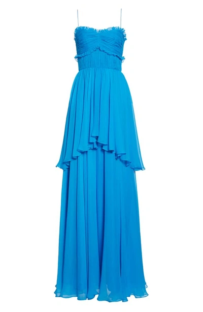 Shop Amur Kiko Tiered Silk Maxi Dress In Cerulean