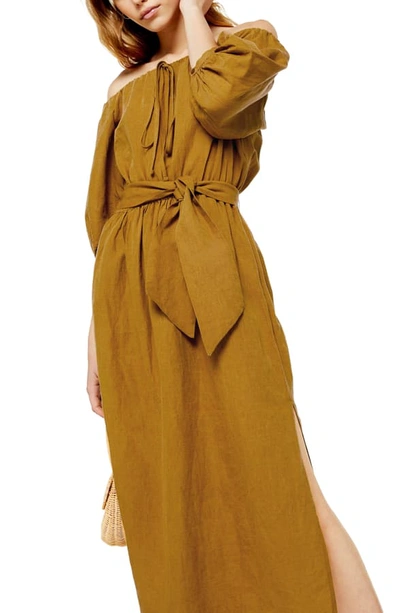 Shop Topshop Off The Shoulder Linen Blend Midi Dress In Stone