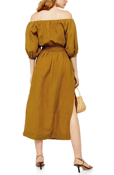 Shop Topshop Off The Shoulder Linen Blend Midi Dress In Stone