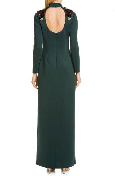 Shop Badgley Mischka Open Back Long Sleeve Embellished Gown In Dark Emerald