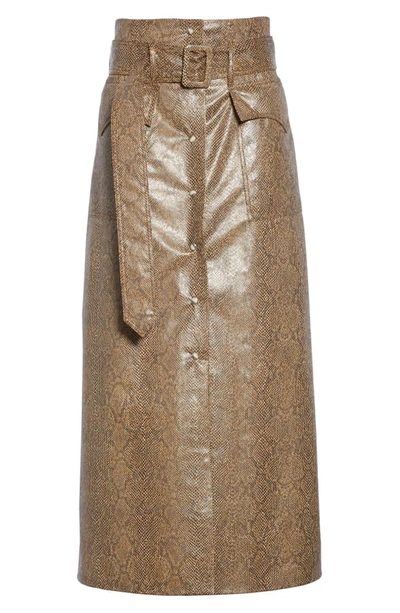 Shop Nanushka Aarohi Snake Print Vinyl Midi Skirt In Brown