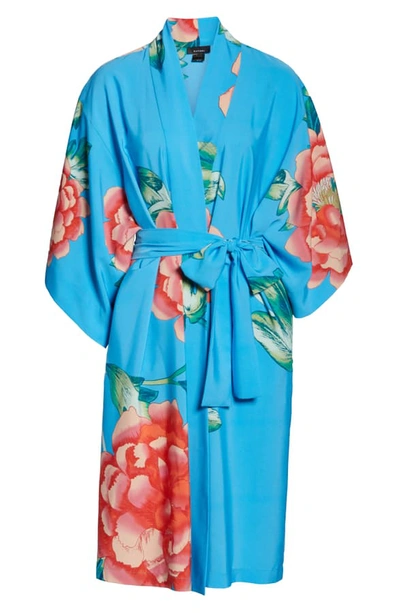 Shop Natori Nova Floral Satin Robe In Blue/ Sunrise Pink