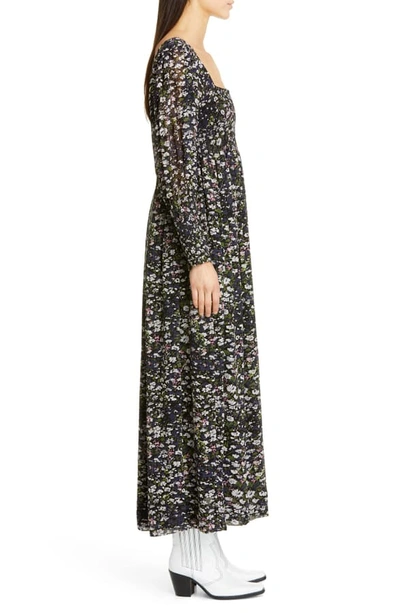 Shop Ganni Floral Print Long Sleeve Georgette Maxi Dress In Black