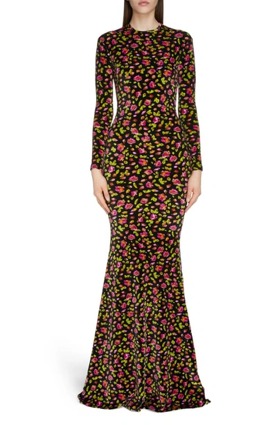 Shop Balenciaga Rose Print Long Sleeve Stretch Velvet Mermaid Evening Gown In Black/ Pink