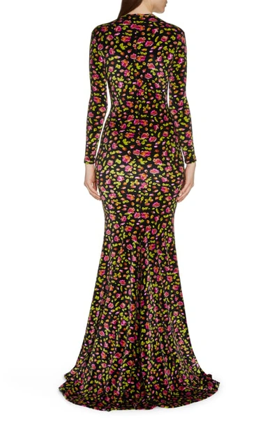 Shop Balenciaga Rose Print Long Sleeve Stretch Velvet Mermaid Evening Gown In Black/ Pink