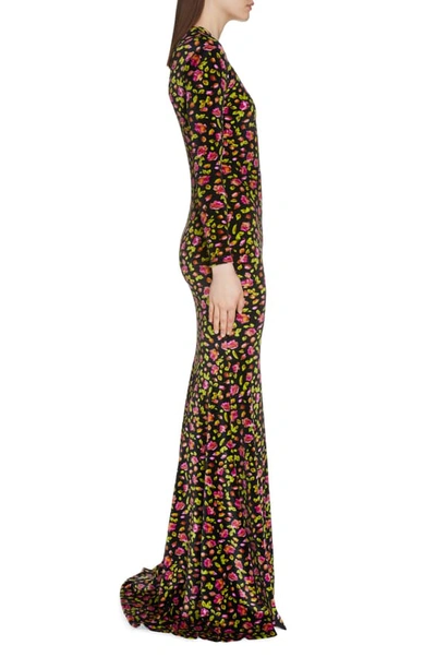 Shop Balenciaga Rose Print Long Sleeve Stretch Velvet Mermaid Evening Gown In Black/ Pink