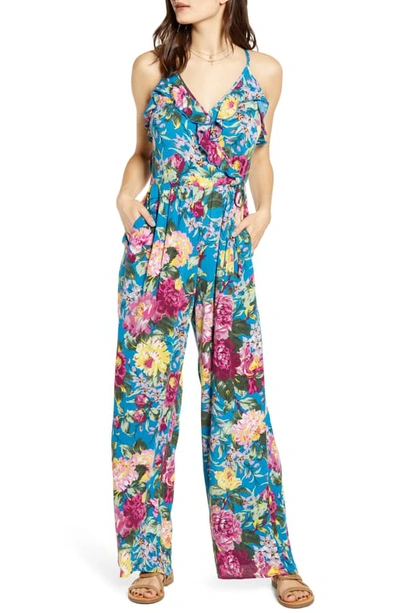 Shop Band Of Gypsies Amazonite Floral Print Jumpsuit In Peacock Blue Magenta