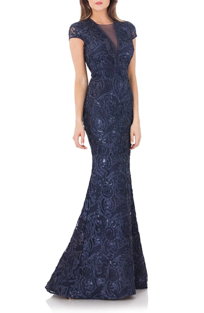 Shop Carmen Marc Valvo Infusion Embellished Soutache Mermaid Gown In Navy