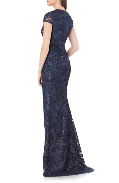 Shop Carmen Marc Valvo Infusion Embellished Soutache Mermaid Gown In Navy