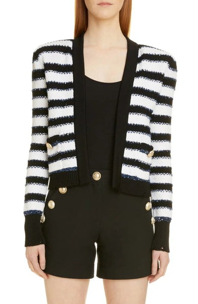 Shop Balmain Stripe Crop Cardigan Jacket In Eab Noir/ Blanc