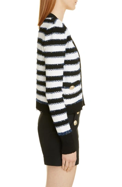 Shop Balmain Stripe Crop Cardigan Jacket In Eab Noir/ Blanc