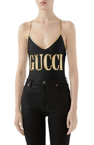Shop Gucci Metallic Logo One-piece Swimsuit In Black/ Multicolor