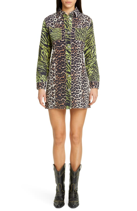 Ganni Paneled Animal-print Denim Mini Dress In Leopard Print | ModeSens