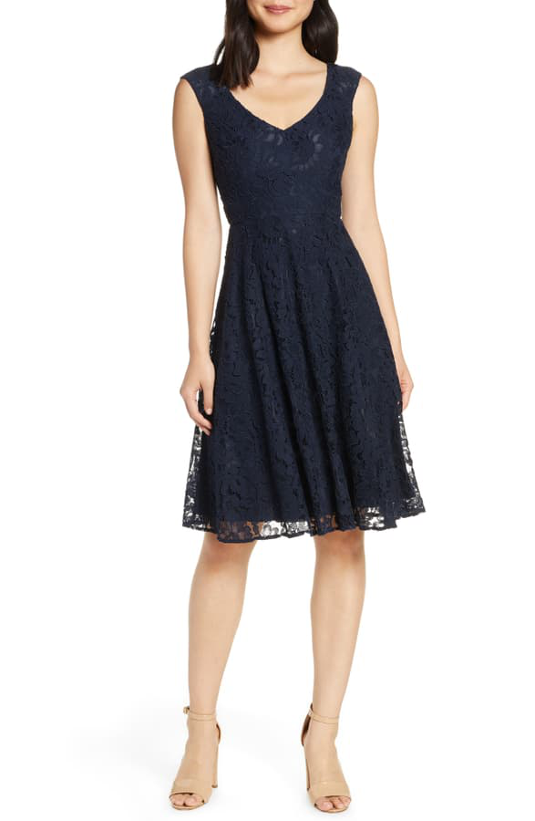 navy lace fit and flare dress