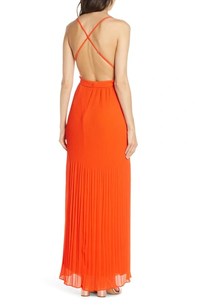 Shop Fame And Partners The Caspian Plunge Neck Plisse Chiffon Gown In Tangerine