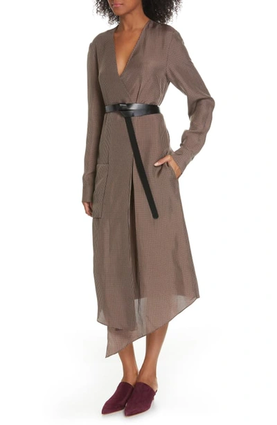 Shop Tibi Walden Long Sleeve Faux Wrap Midi Dress In Brown Multi