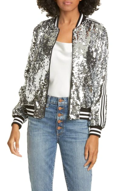 Shop Alice And Olivia Lonnie Sequin Cropped Bomber Jacket In Silver