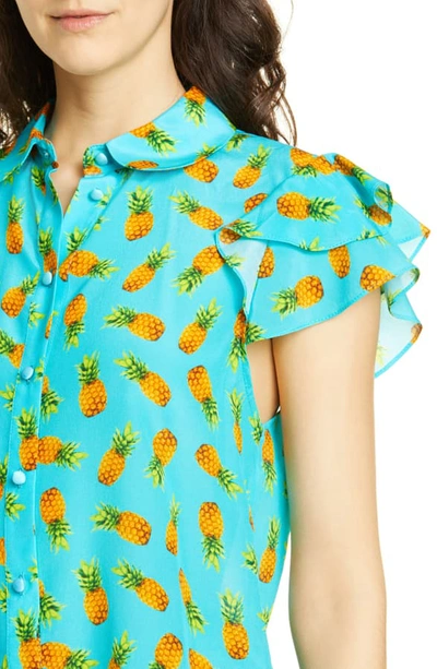 Shop Alice And Olivia Ziggy Ruffle Cap Sleeve Silk Blouse In Pineapple Marine Blue