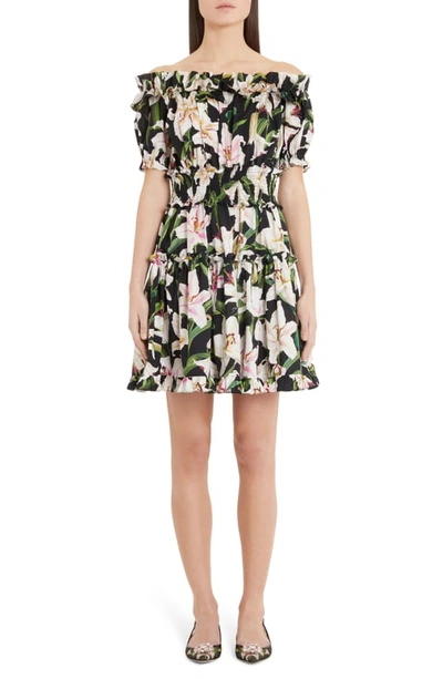 Shop Dolce & Gabbana Lily Print Off The Shoulder Minidress In Black Lily