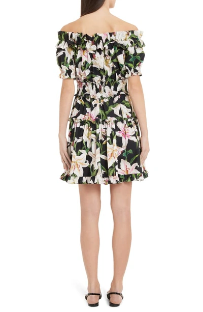 Shop Dolce & Gabbana Lily Print Off The Shoulder Minidress In Black Lily