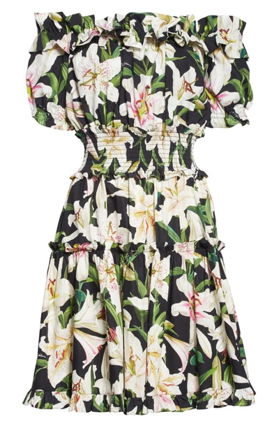Shop Dolce & Gabbana Lily Print Off The Shoulder Minidress In Black Lily