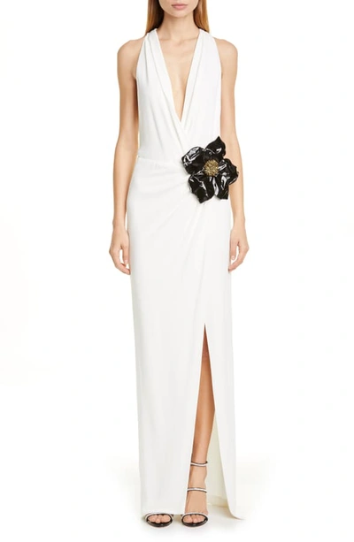 Shop Haney Floral Applique Plunging Gown In Ivory