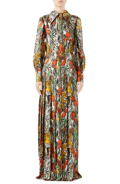 Shop Gucci Feline Garden Print Long Sleeve Silk Dress In Beige/ Dark Orange Print