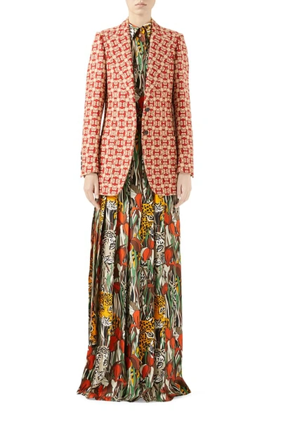 Shop Gucci Feline Garden Print Long Sleeve Silk Dress In Beige/ Dark Orange Print