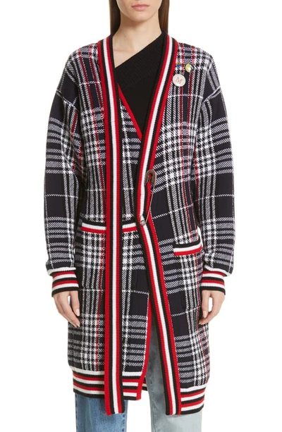 Shop Monse Tie Neck Longline Plaid Wool Cardigan In Black Plaid