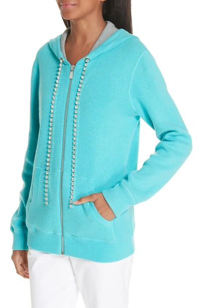 Shop Michael Kors Crystal Drawstring Cashmere Blend Hoodie In Aqua