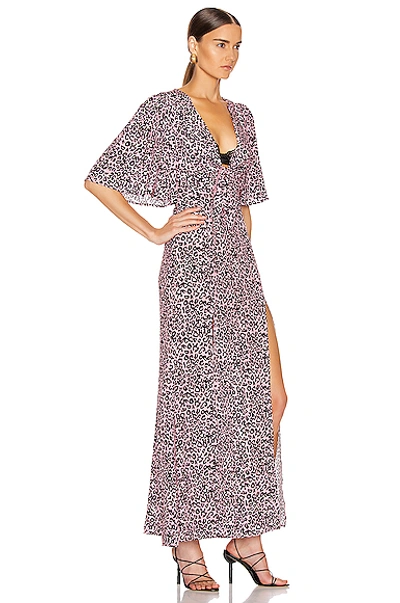 Shop Les Rêveries The Front Flutter Sleeve Dress With Slits In Pink Leopard
