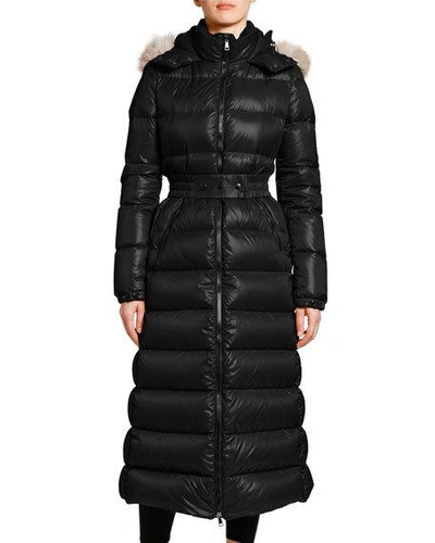 Shop Moncler Hudson Long Puffer Coat With Fur Hood In Black