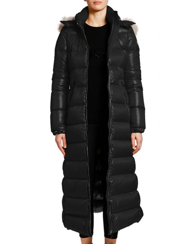 Shop Moncler Hudson Long Puffer Coat With Fur Hood In Black