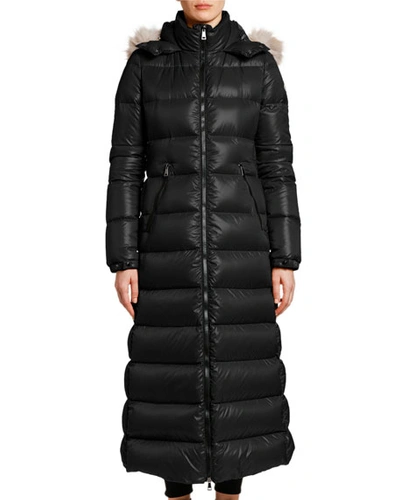 Shop Moncler Hudson Long Puffer Coat With Fur Hood In Black