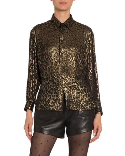 Shop Saint Laurent Leopard-print Velvet Classic Blouse In Black/gold