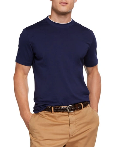 Shop Brunello Cucinelli Men's Two-tone Trim Crewneck T-shirt In Blue