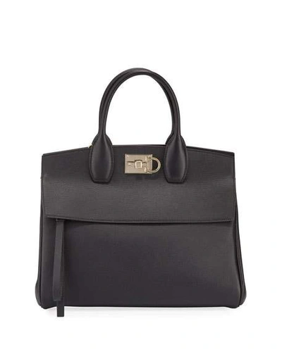 Shop Ferragamo Studio Medium Grainy Leather Satchel Bag In Black