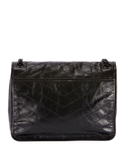 Shop Saint Laurent Niki Medium Flap Ysl Shoulder Bag In Crinkled Leather In Black