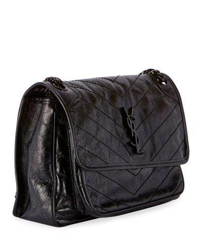 Shop Saint Laurent Niki Medium Flap Ysl Shoulder Bag In Crinkled Leather In Black