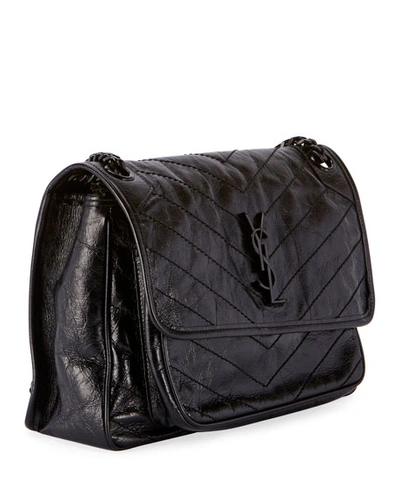 Saint Laurent Niki Medium Flap Ysl Shoulder Bag In Crinkled Leather In Black