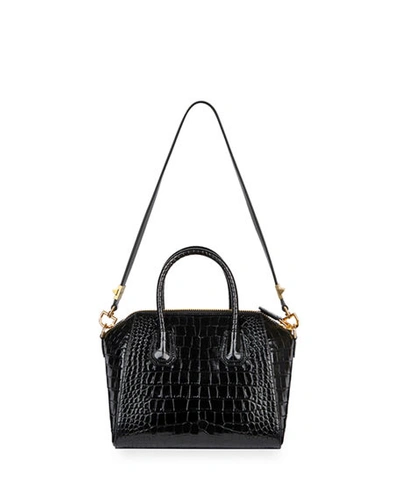 Shop Givenchy Antigona Small Croc-embossed Leather Satchel Bag In Black
