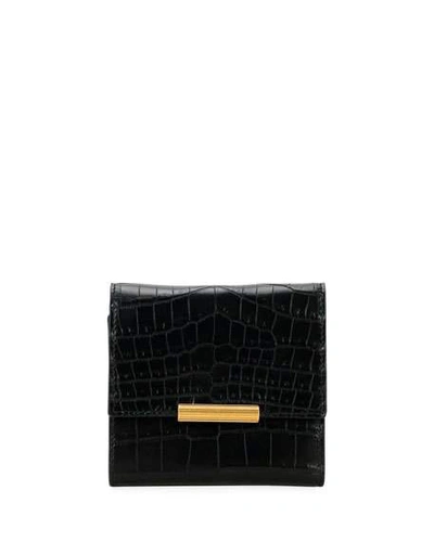 Shop Bottega Veneta Mini Soft Alligator Flap Wallet In Black/gold