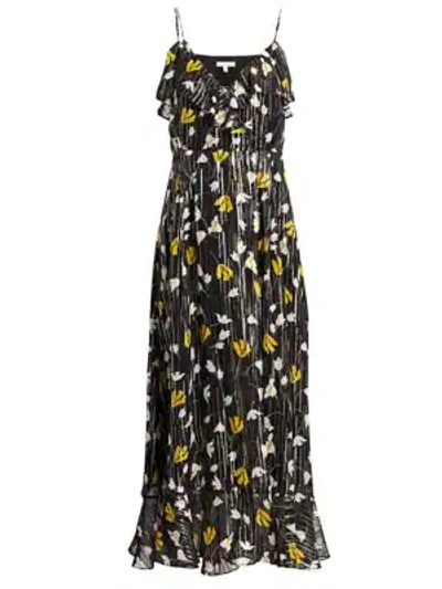 Shop Joie Kenny Floral Metallic-silk Flounce Dress In Golden Hour